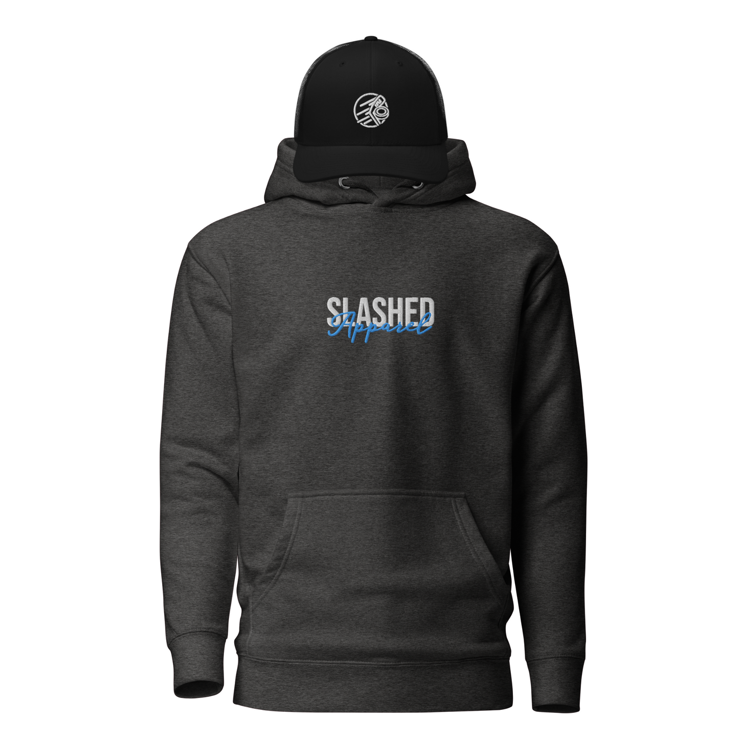 Hockey Rink Bundle, Charcoal Hoodie & Black Hat Front View