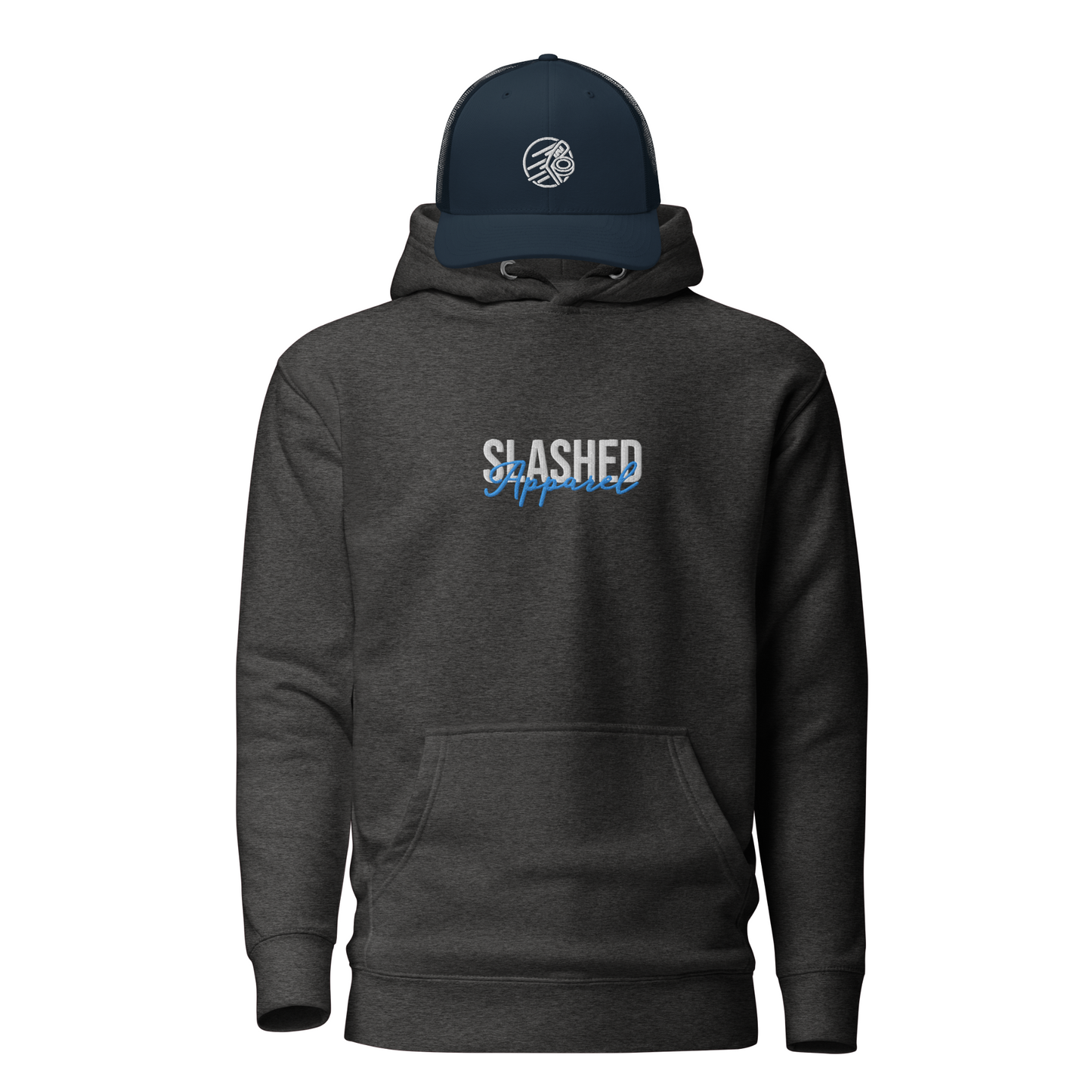 Hockey Rink Bundle, Charcoal Hoodie & Navy Hat Front View