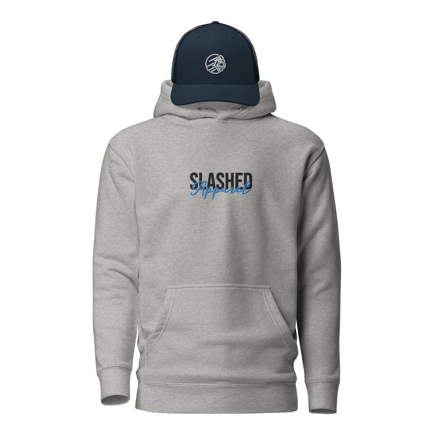 Hockey Rink Bundle, Grey Hoodie & Navy Hat Front View