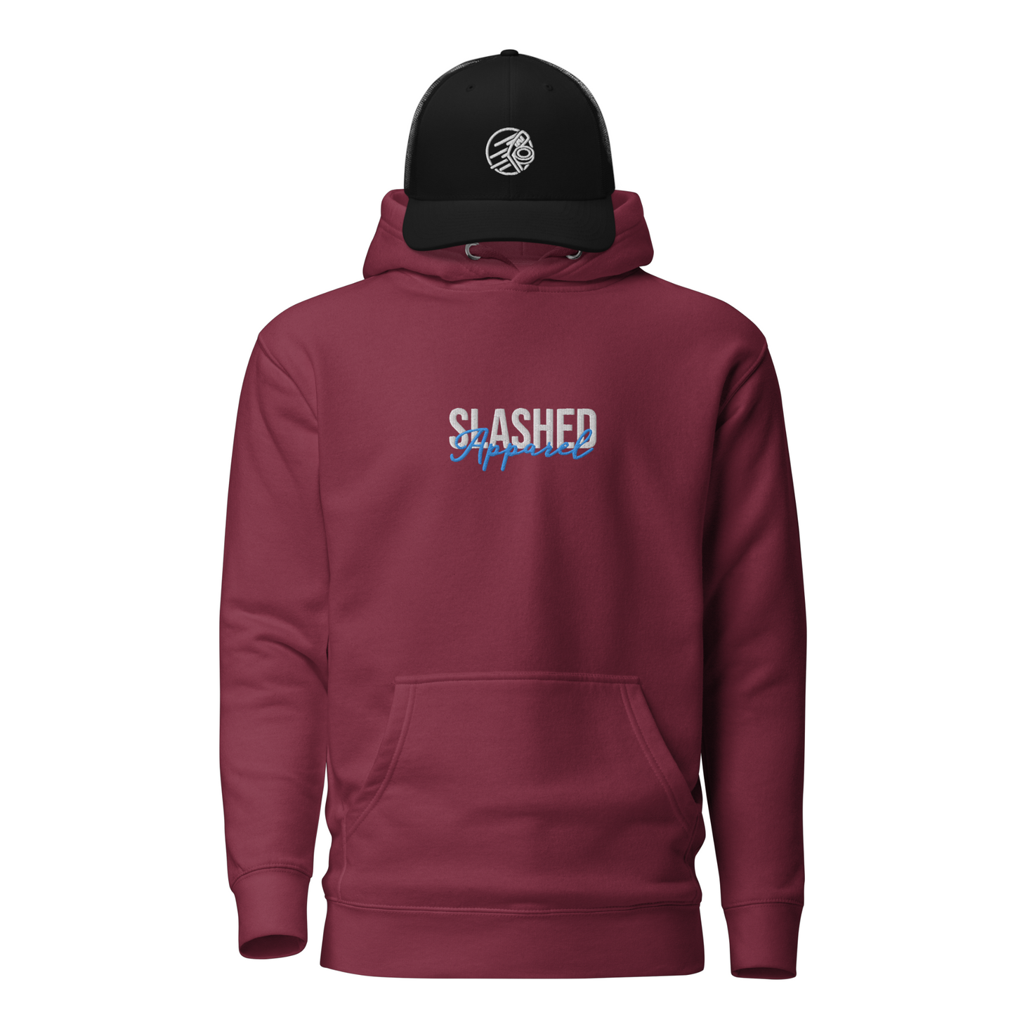 Hockey Rink Bundle, Maroon Hoodie & Black Hat Front View