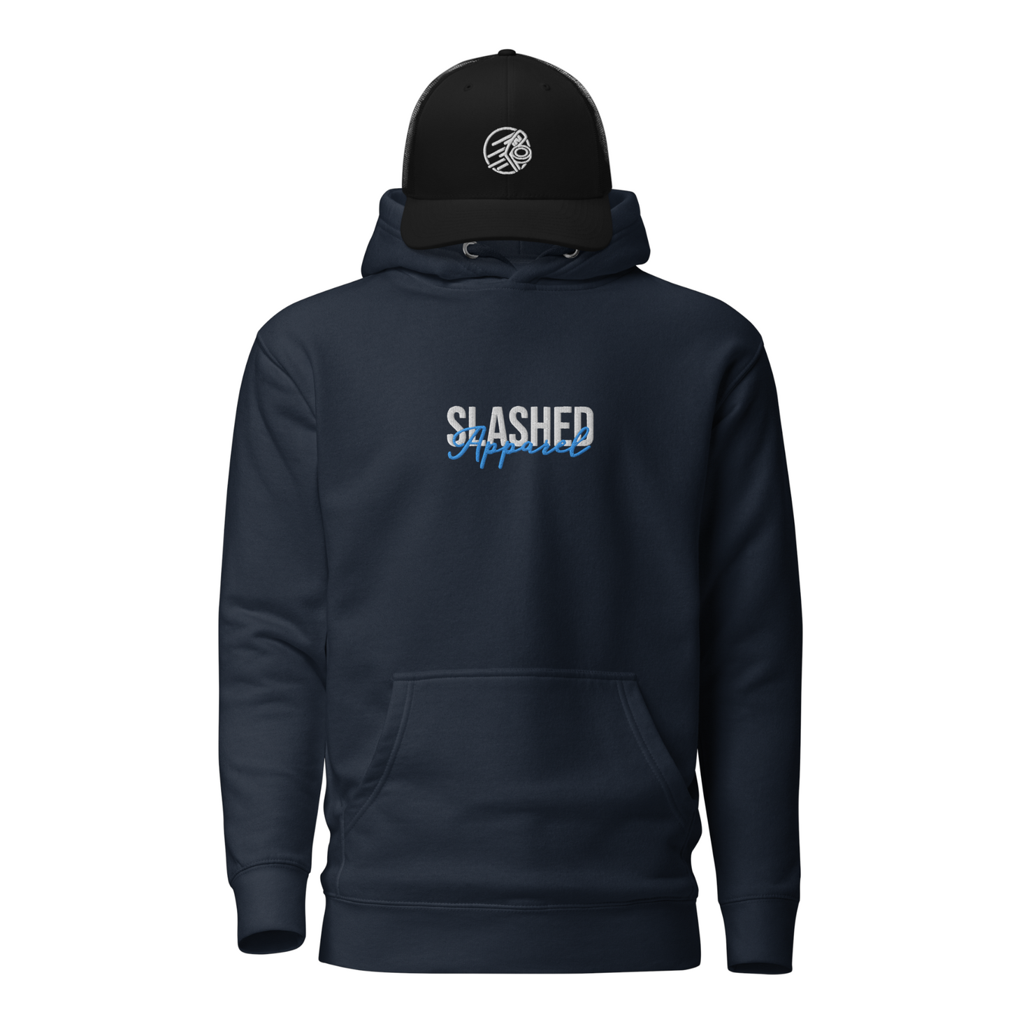 Hockey Rink Bundle, Navy Hoodie & Black Hat Front View