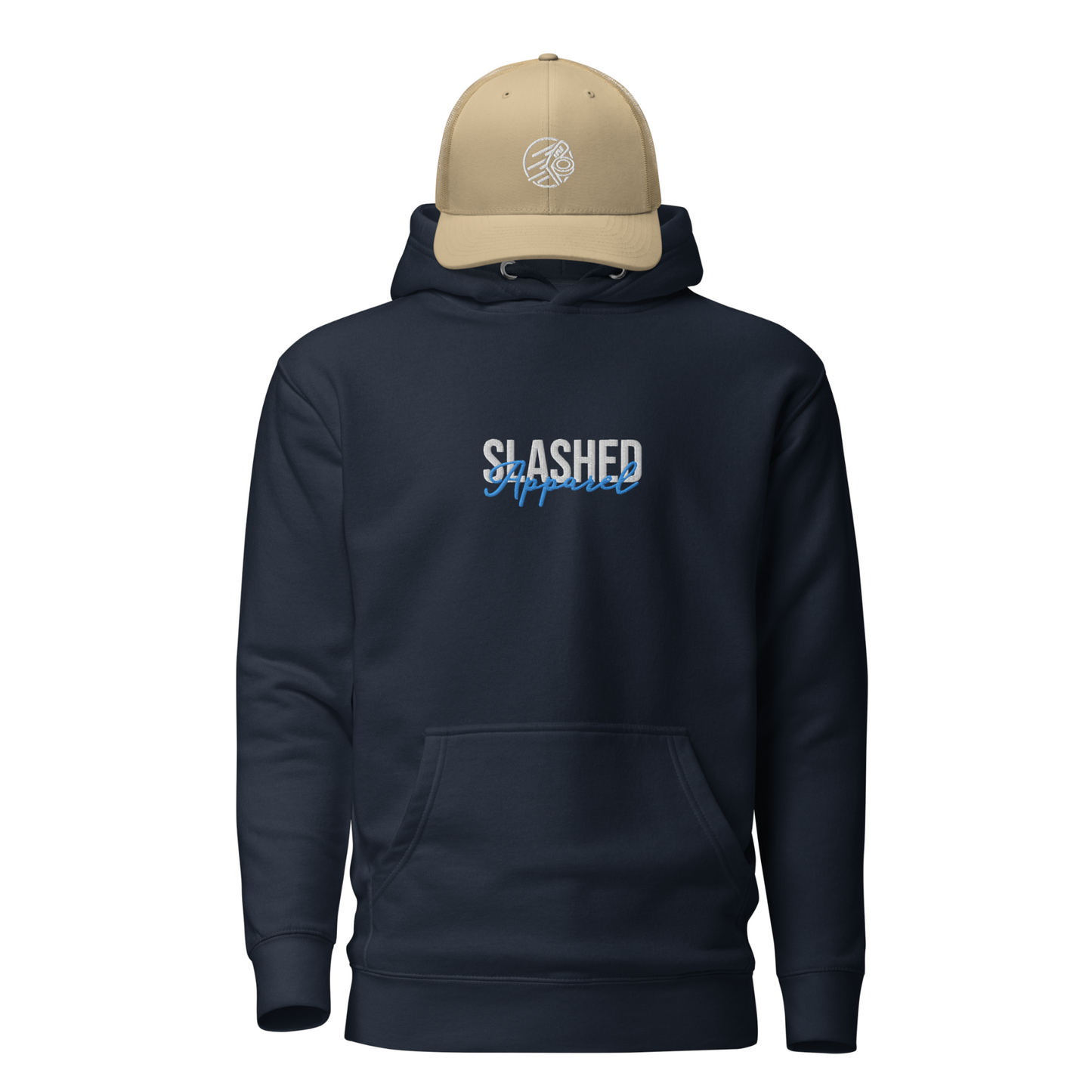 Hockey Rink Bundle, Navy Hoodie & Khaki Hat Front View