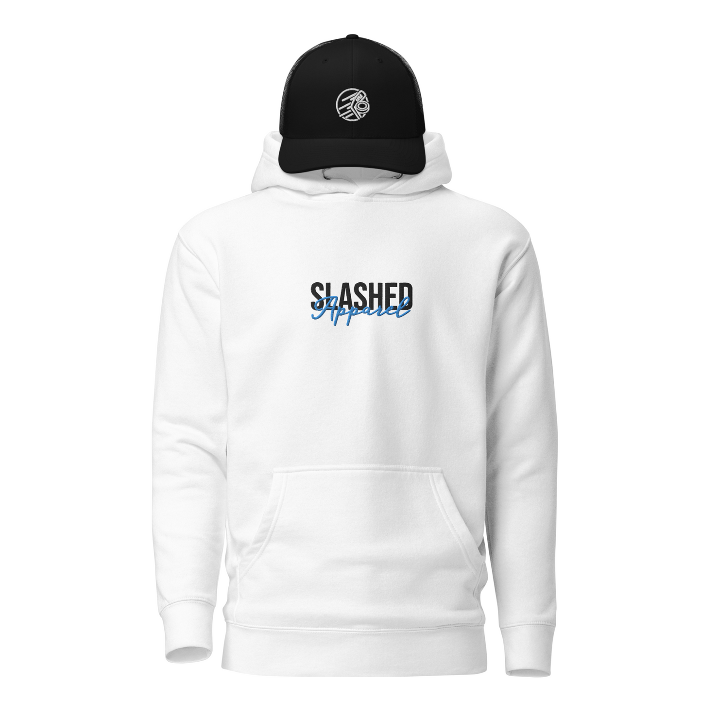 Hockey Rink Bundle, White Hoodie & Black Hat Front View