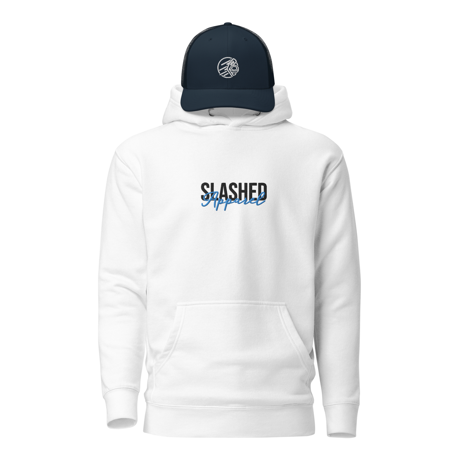 Hockey Rink Bundle, White Hoodie & Navy Hat Front View