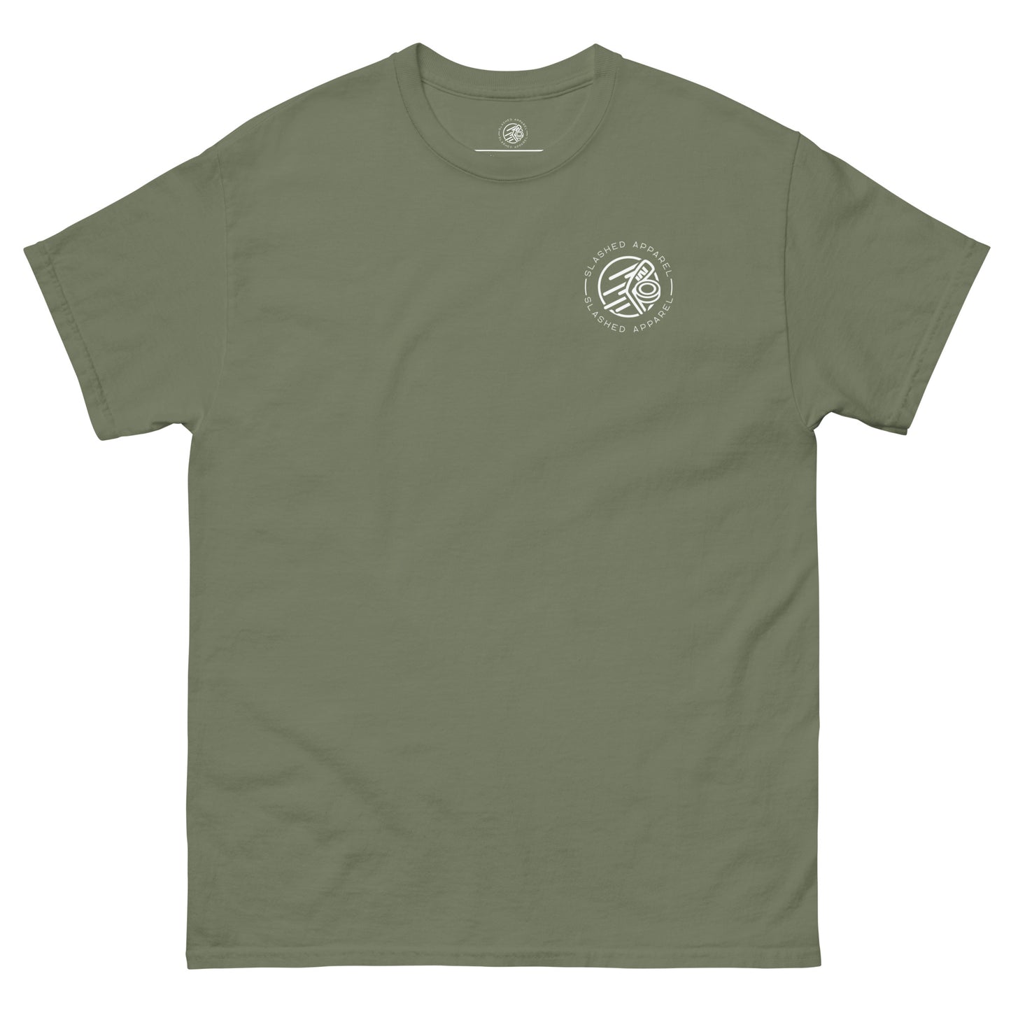 Original Slashed Apparel Logo custom t shirt, Military Green front view