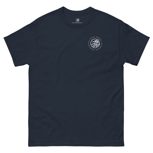 Original Slashed Apparel Logo custom t shirt, Navy front view