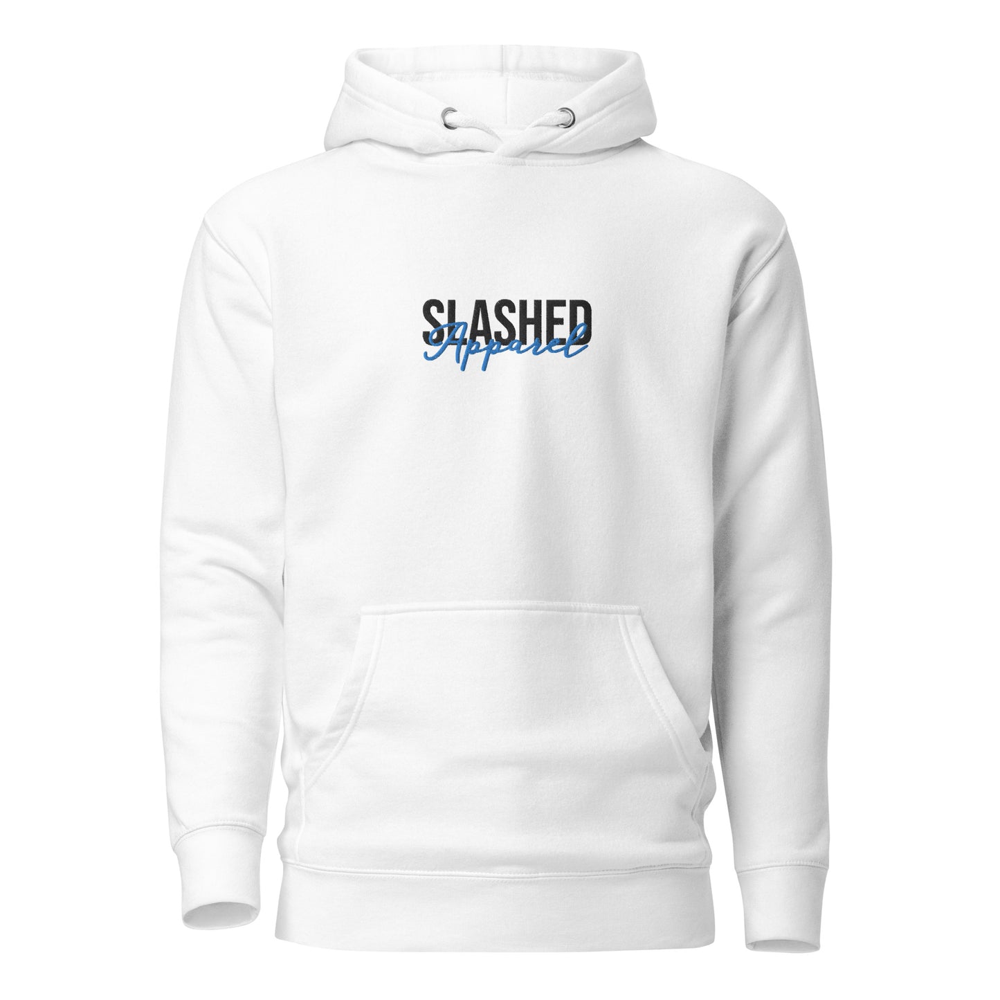 White Hockey Apparel Slashed Logo Hoodie, Black Embroidery Front